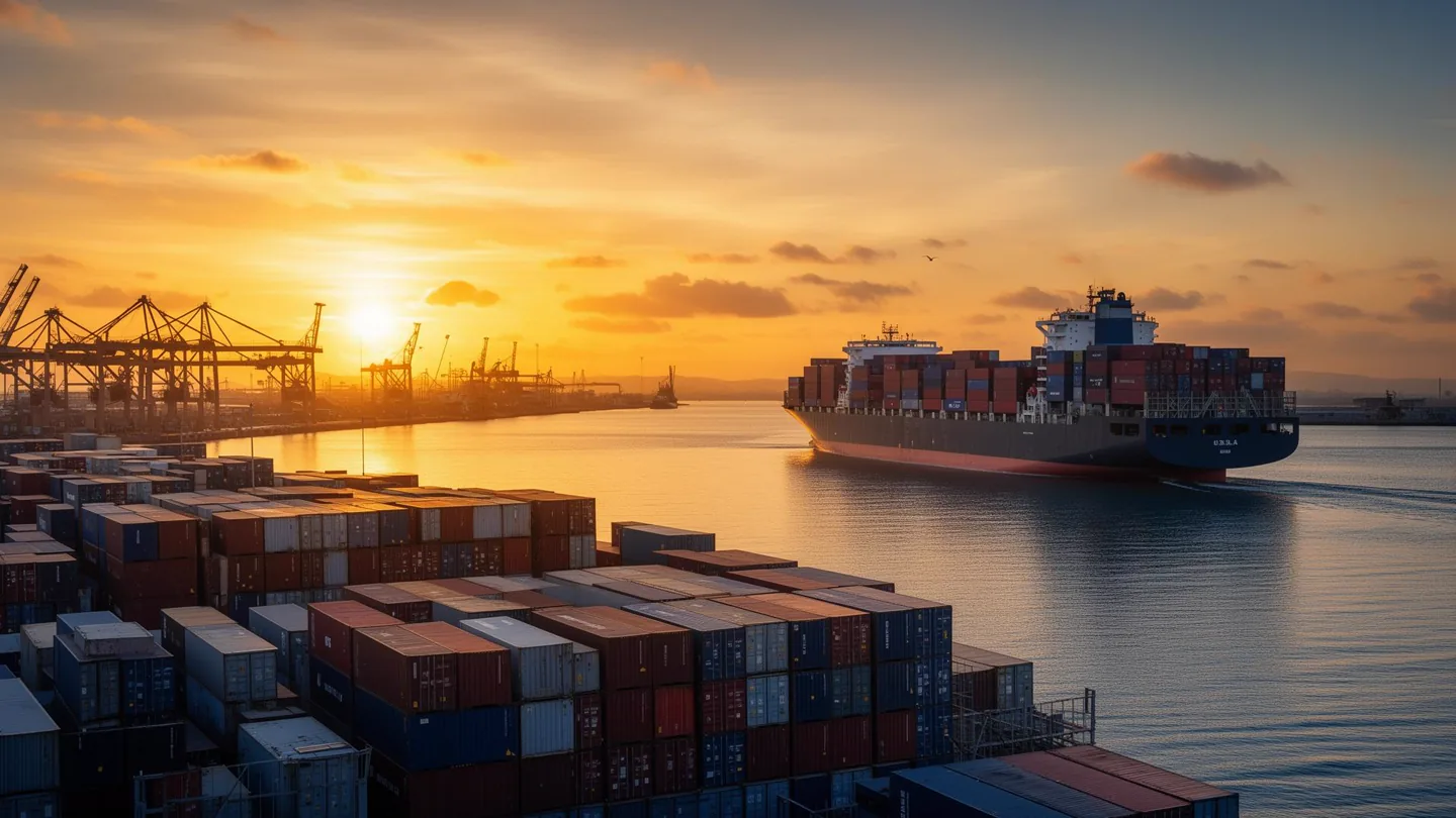 Illustration of a container ship and port at sunset.